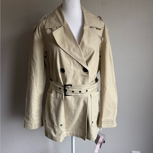 NWT Avec Les Filles Light Canvas Double Breasted Belted Trench Coat Womens M - Picture 1 of 7